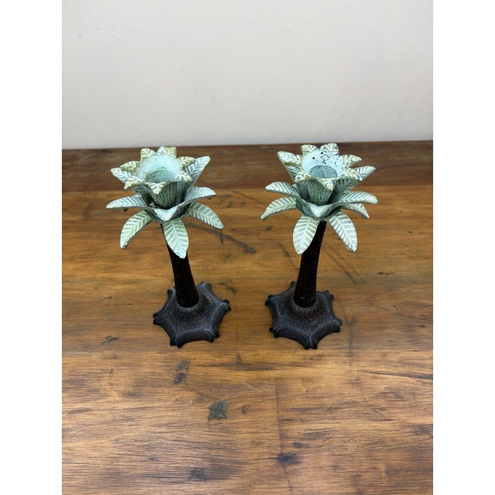 Vtg Two's Company Palm Tree Candlesticks Set 2 Cast Metal Verdigris Patina 7"
